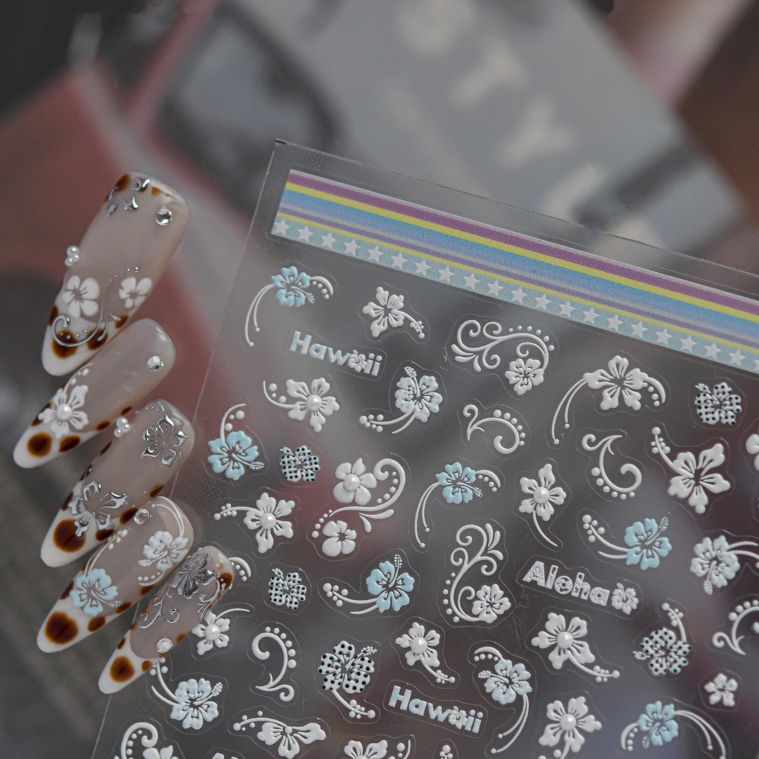 하와이 트로피컬 5D 네일 스티커 라이트 블루 히비스커 - Nail Art Rainbow 리뷰 및 가격
