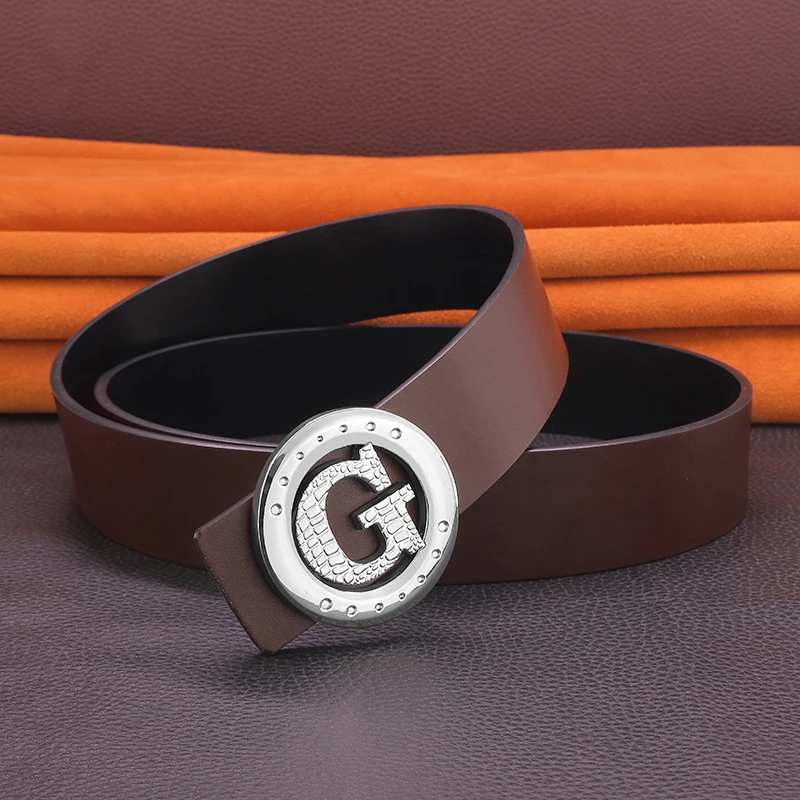 G レターバックルメンズベルト幅 3.8 センチメートル本革黒色ゴールデンウエストストラップ男性牛革