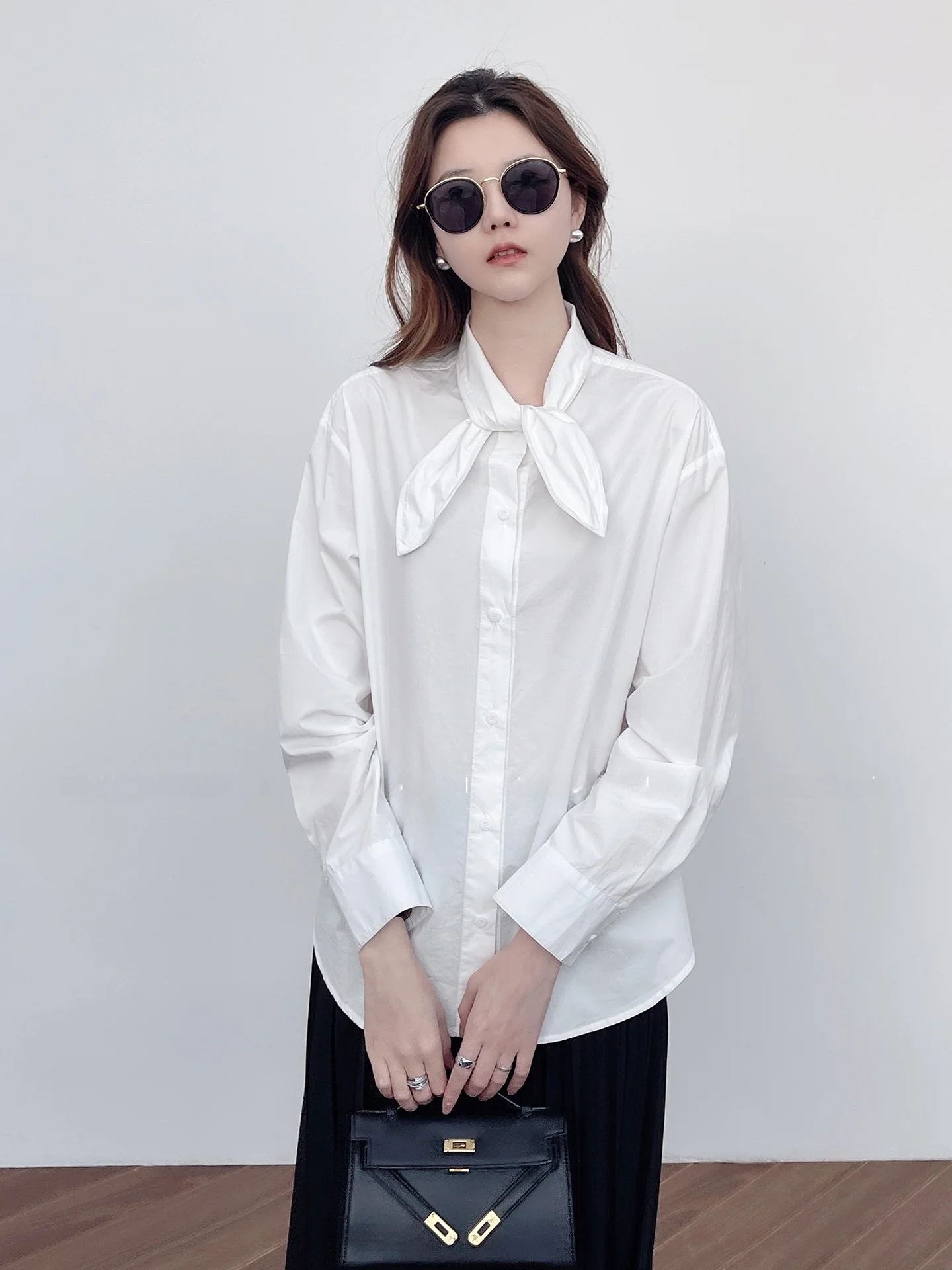 

Korean Faion Long Sve Silk Ne Design Commute Cotton irt Women's Spring New Sle Loose Fit French Sle Pure Cotton