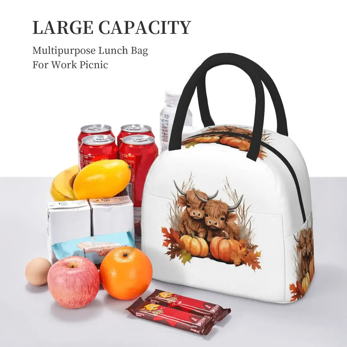 Highland Cow Calf Autumn Leaves Insulated Lunch Bag for Kids School Cooler Thermal Food Box Tote Portable Lunch Boxes Container