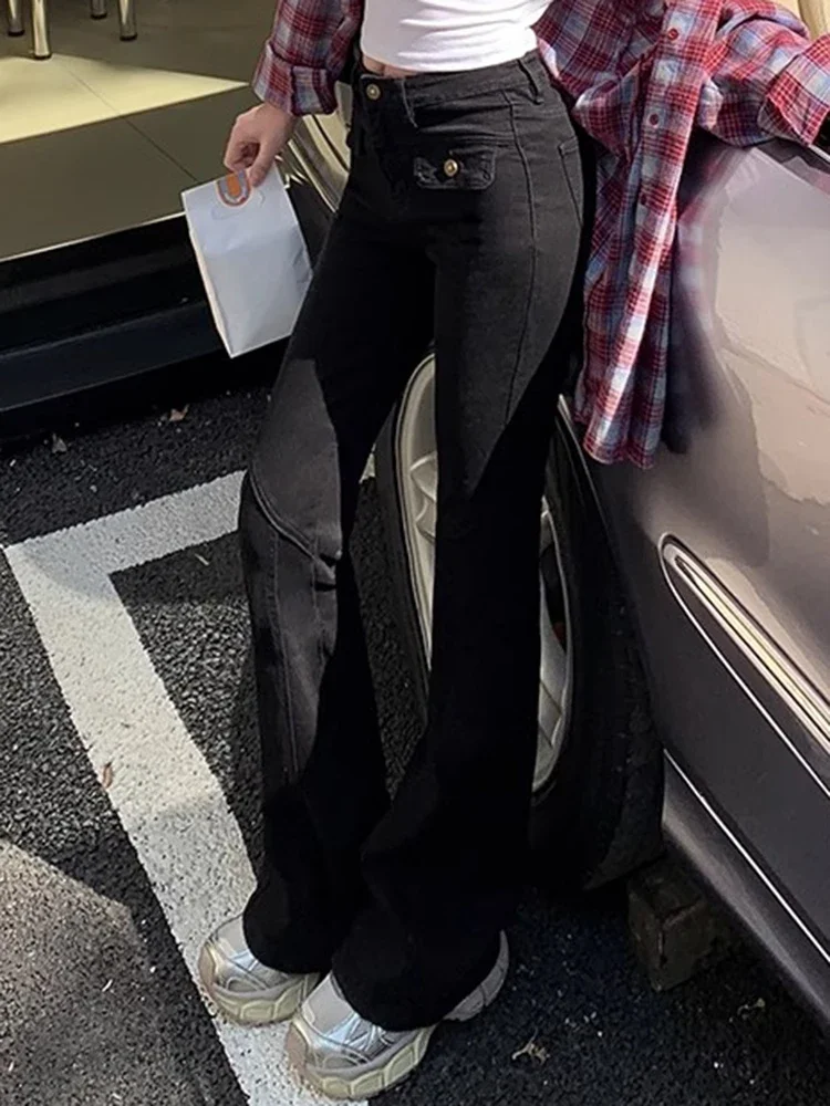 กางเกงยีนส์แฟชั่นทรงขาบานเอวสูงสำหรับผู้หญิง ทรงเข้ารูป ดีไซน์เนอร์ กางเกงเดนิมทรงกระดิ่ง สไตล์เรโทร สีน้ำเงิน ดำ เทา