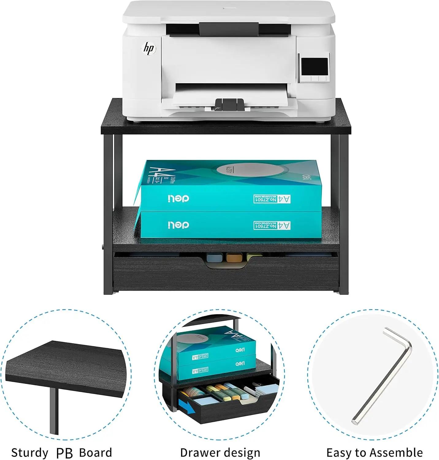 2段デスクトッププリンタースタンド、スライド式木製収納引き出し付き、ファックス機用多目的デスクオーガナイザー