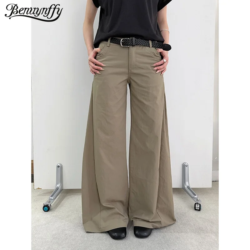 

Benuynffy Streetwear Korean Wide Leg Pants For Women 2026 Summer New Fashion Loose Mid Waisted Khaki Casual Female Long Trousers