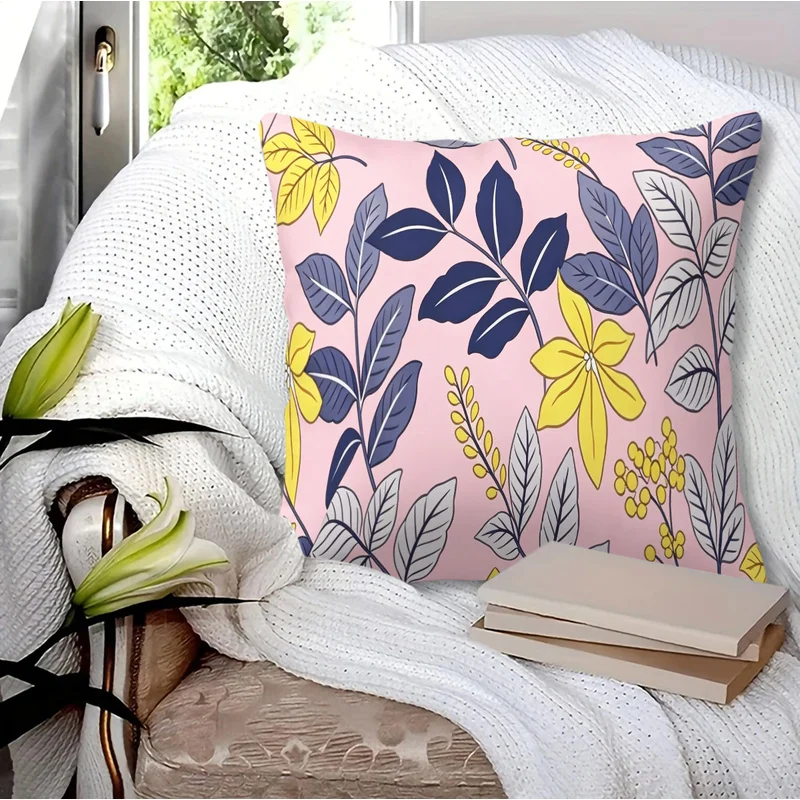 1Pc 45x45cm Polyester Throw Pillow,Machine Washable,Durable,Vibrant Green Leaf Motif,Green Tropical and Fern Leaf Print