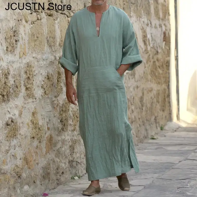 Plus Size Men Solid Color Muslim Robe Retro Arab Islamic Long Dress Casual Cotton Linen Long Kaftan Middle East Islamic Clothing