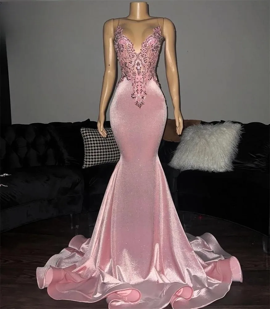 

Pink African American Prom Dresses Mermaid Deep V-neck Beaded Black Girls Nigeria Robe De Soiree Evening Dresses Gown