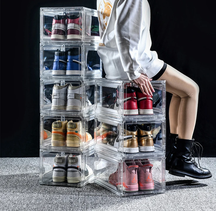 10Pcs Transparent Plastic Sneaker Stackable Shoe Storage Boxes Drop Front Magnetic Clear Shoe Box