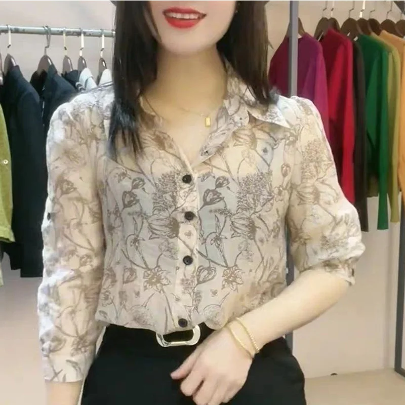 2024 New Summer Chic Retro Elegant Fashion Punk Office Lady Women's Shirt Chiffon Button V Neck 3/4 Sleeve Long Sleeve Y2K Tops
