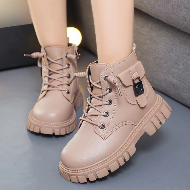 Children Shoes White Girls Boot Fashion Leather Autumn Kids Casual Shoes Sneaker Non-slip Soft Sole Laces Shorts Boots for Girl