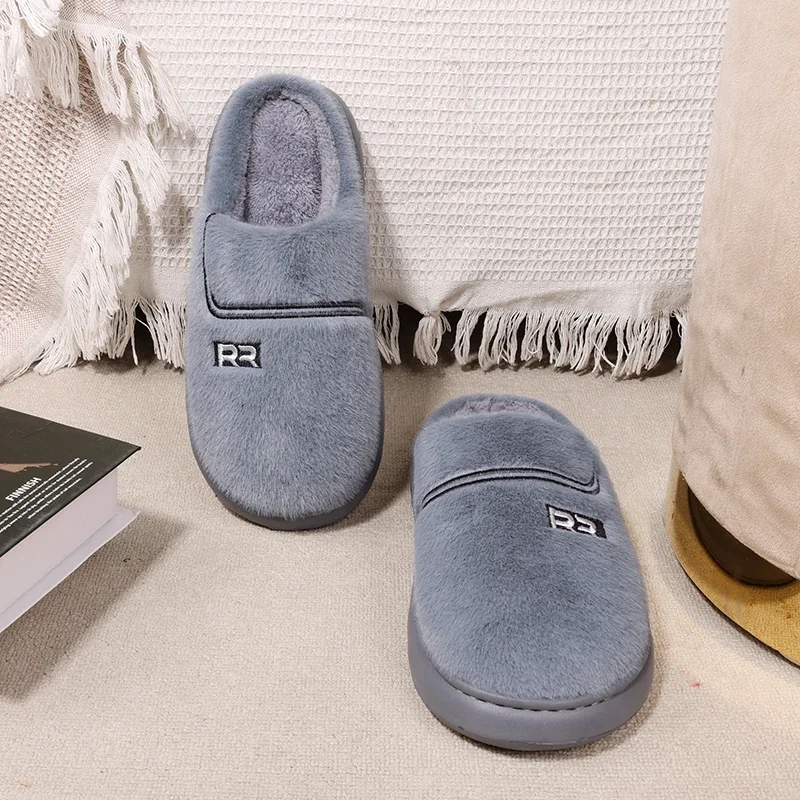 Winter Fashion Warm Letter Cotton Slippers Men Indoor House Casual  Non Slip Soft Soled Wrap Toes Men Slides Platform Shoes