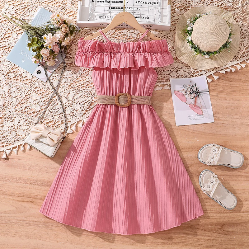 Baby Girls Clothes for Summer 4-12 Years Straight Neckline Pink New Design Ruffles Dress + Braided Belt Sweet Cute Girls Dress