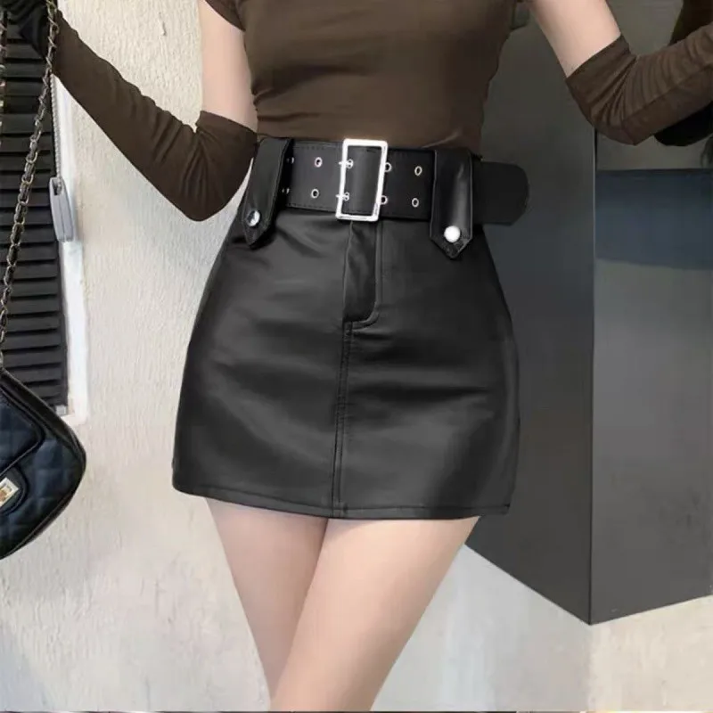 Women's artificial leather high waisted mini skirt PU elastic tight fitting short skirt with belt pencil skirt black/coffee 2024