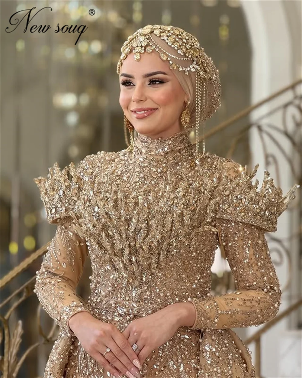 

Middle East Champagne Beaded Prom Dresses Detachable Skirt Pearls Long Sleeves Evening Dresses For Wedding Customized Party Gown