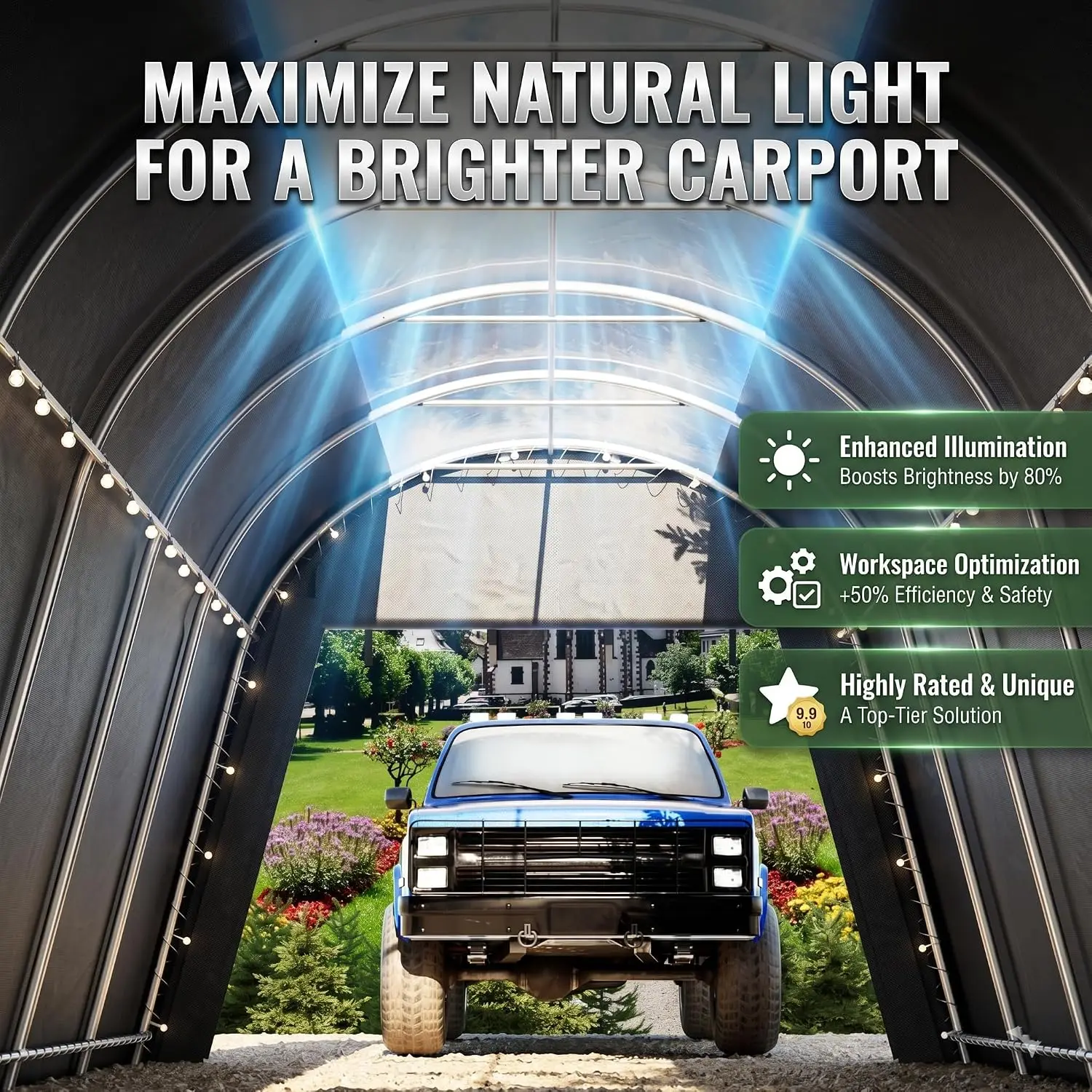 12x20 FT Heavy Duty Carport, Zipper Door, 12-Gauge Steel Frame, Translucent Roof, Waterproof Cover, Vehicle Storage, Customized