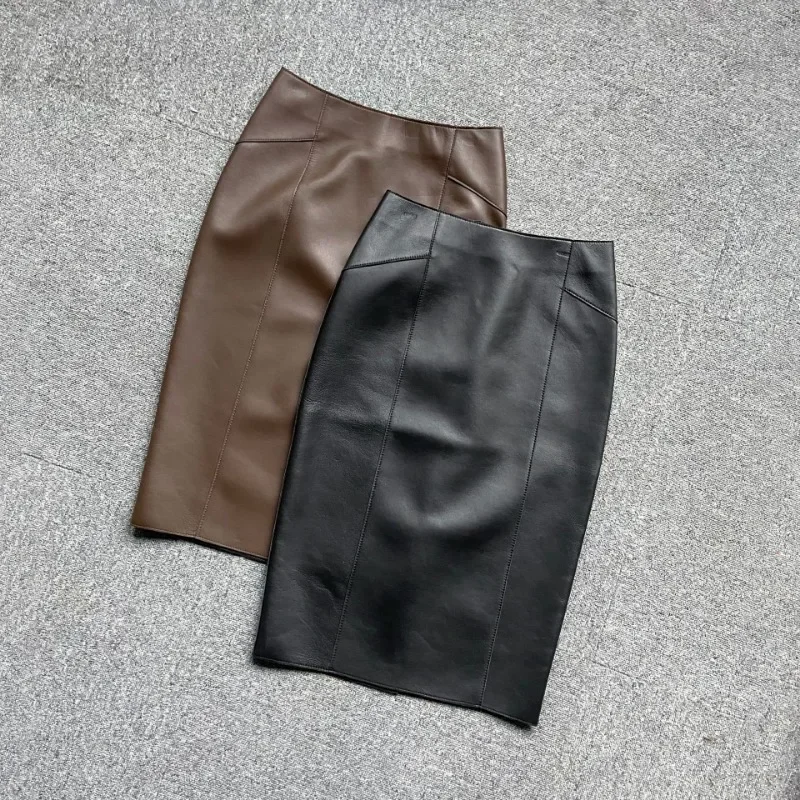 Sheepskin hip skirt, simple after commuting, split-ended high-waisted casual skirt, leather skirt