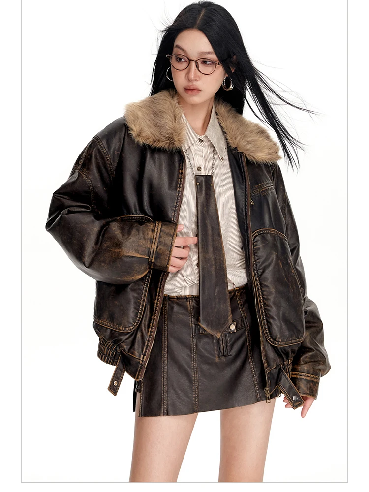 Lautaro Spring Autumn Cool Handsome Vintage Distressed Brown Pu Leather Jacket Women Faux Fur Collar Luxury Designer Clothing