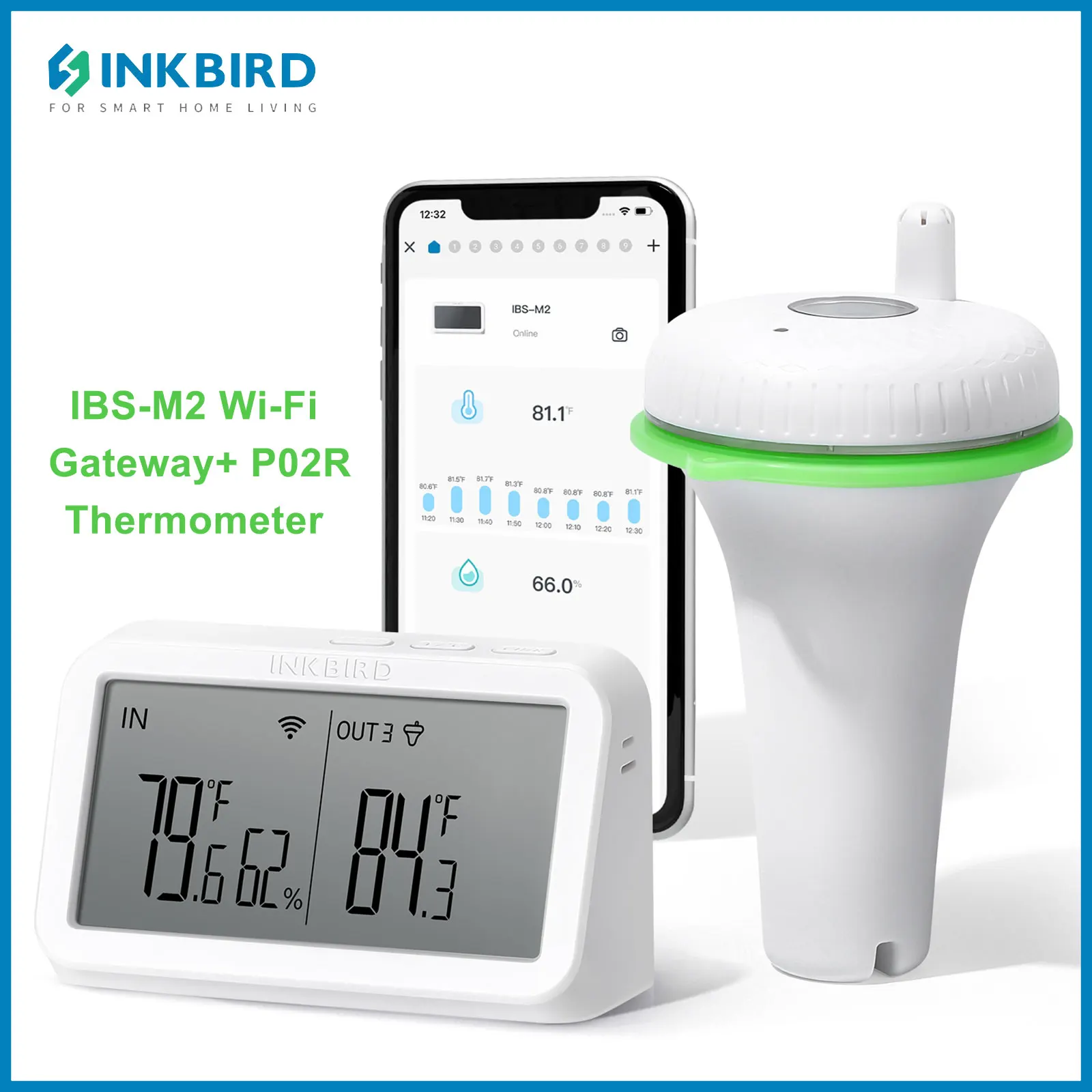 INKBIRD Upgraded Waterproof Pool Thermometer with IBS-M2 Wi-Fi Gateway 300 Feet Wireless Swimming Temperature Humidity Monitor