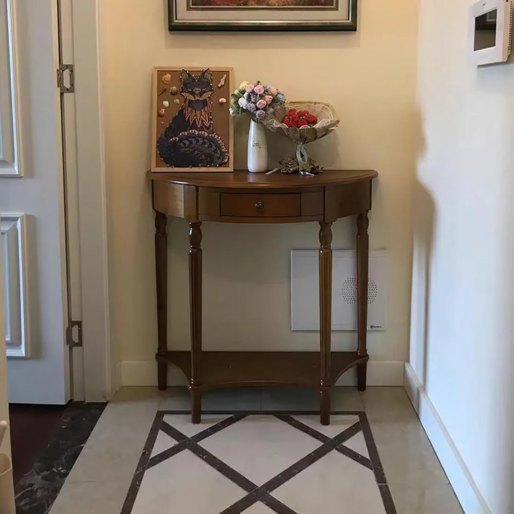 طاولة كونسول من الخشب الصلب مع درج، رف تخزين مدخل شبه دائري، طاولة دخول عتيقة مع رف سفلي مفتوح، نصف دائرة #6