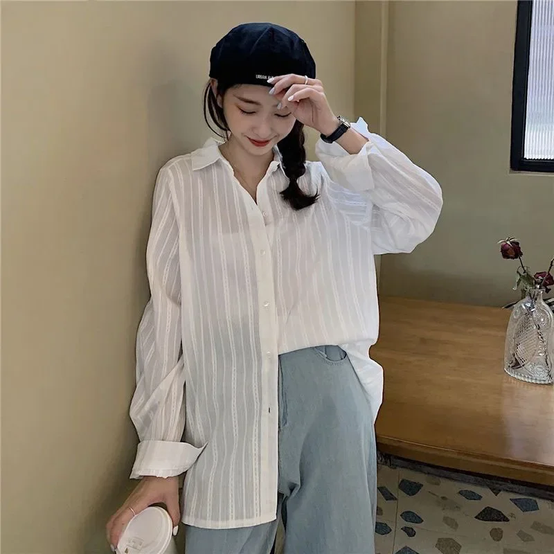 

Striped Women White Shirts Fashion Loose Lapel Casual Buttons Tops Korean Sweet Preppy Long Sleeve All Match Ladies Blouse ZT683