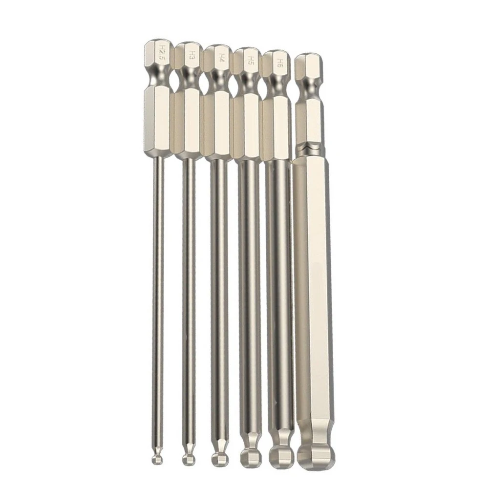 

6pcs 100mm Long Ball End Screwdriver Bit Set Magnetic Batch Head 1/4 Inch Hex Alloy Steel Screwdriver Bit Hand Tools H2.5-H8