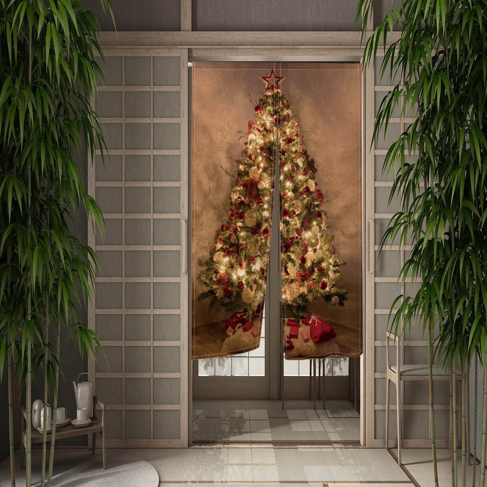 Christmas Tree Door Curtain Santa Claus Partition Curtain Drape Entrance Hanging Half-Curtains Dinging Room Kitchen Door Curtain