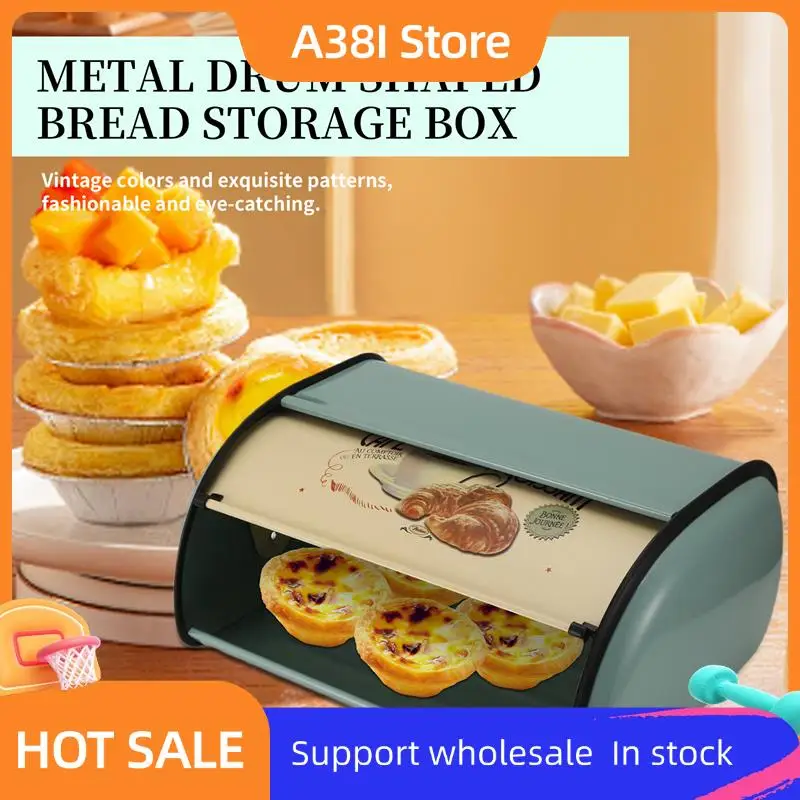 

A38I Vintage Bread Box Storage Bin Rollup Top Light Blue Small Powder Coated Bread Iron Snack Boxes Food Containerfor Kitchen Ho