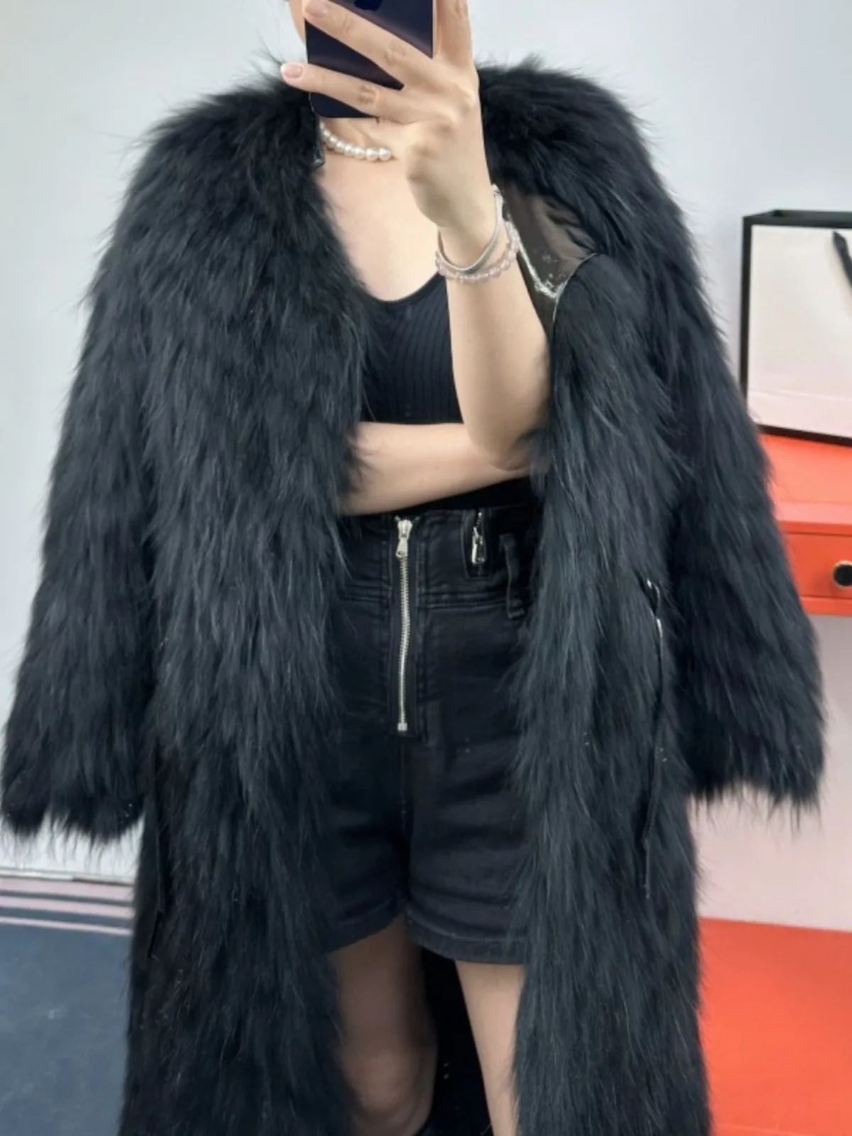 Hot-selling Autumn Winter New Natural Real Raccoon Fur Strip Fur Coat Fashion long Jacket Raccoon Fur Coat Warm Streetwear