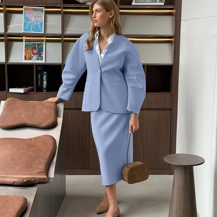 

Fashionable V-Neck Long Sleeve Loose Suit High Waist Skirt Two-Piece Set Women's Autumn Wear Casual Comfortable Style