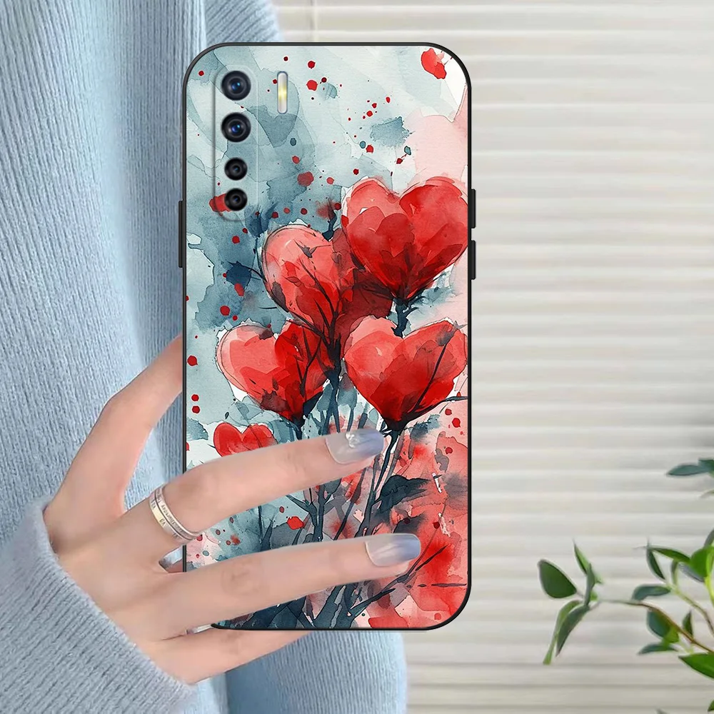 Black Tpu Case For OPPO Reno 7 7Z 8 Lite 4G 5G PRO F11 F17 F15 F19 F19S F21 Valentine’s Day heart