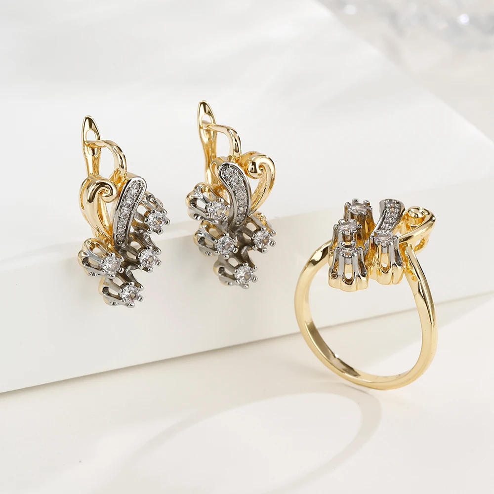 Curly grass swirl inlaid zircon earrings and ring set 14K gold plated copper fashion jewelry dinner wedding accessories