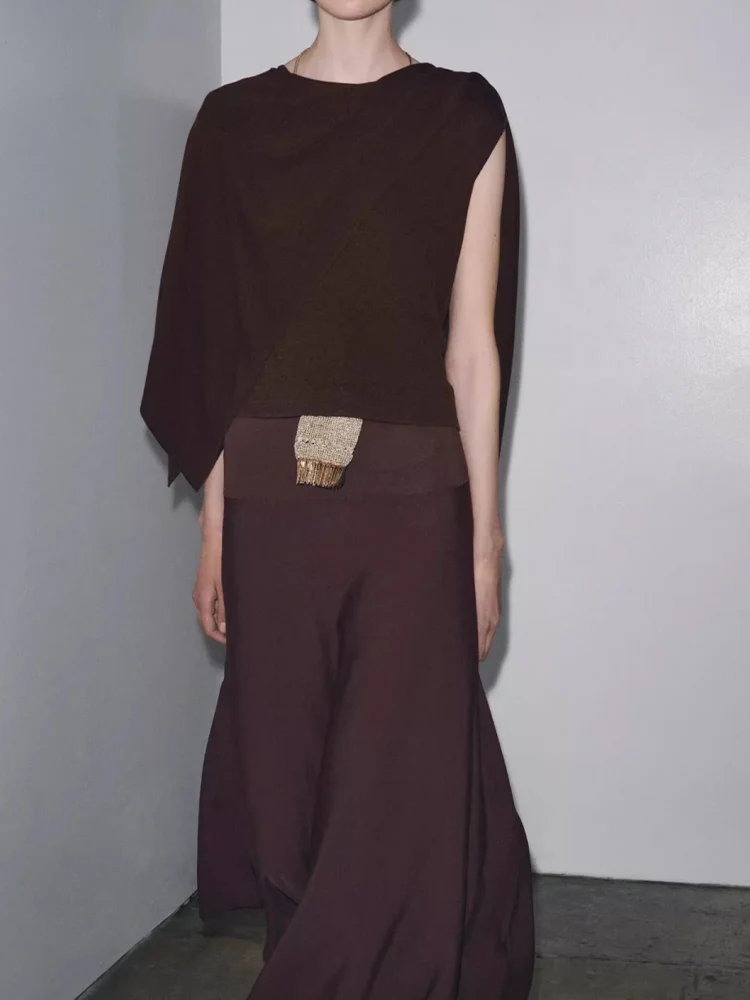 

European and American style autumn new fashion casual simple women's wear versatile loose layered one-shoulder knitted top