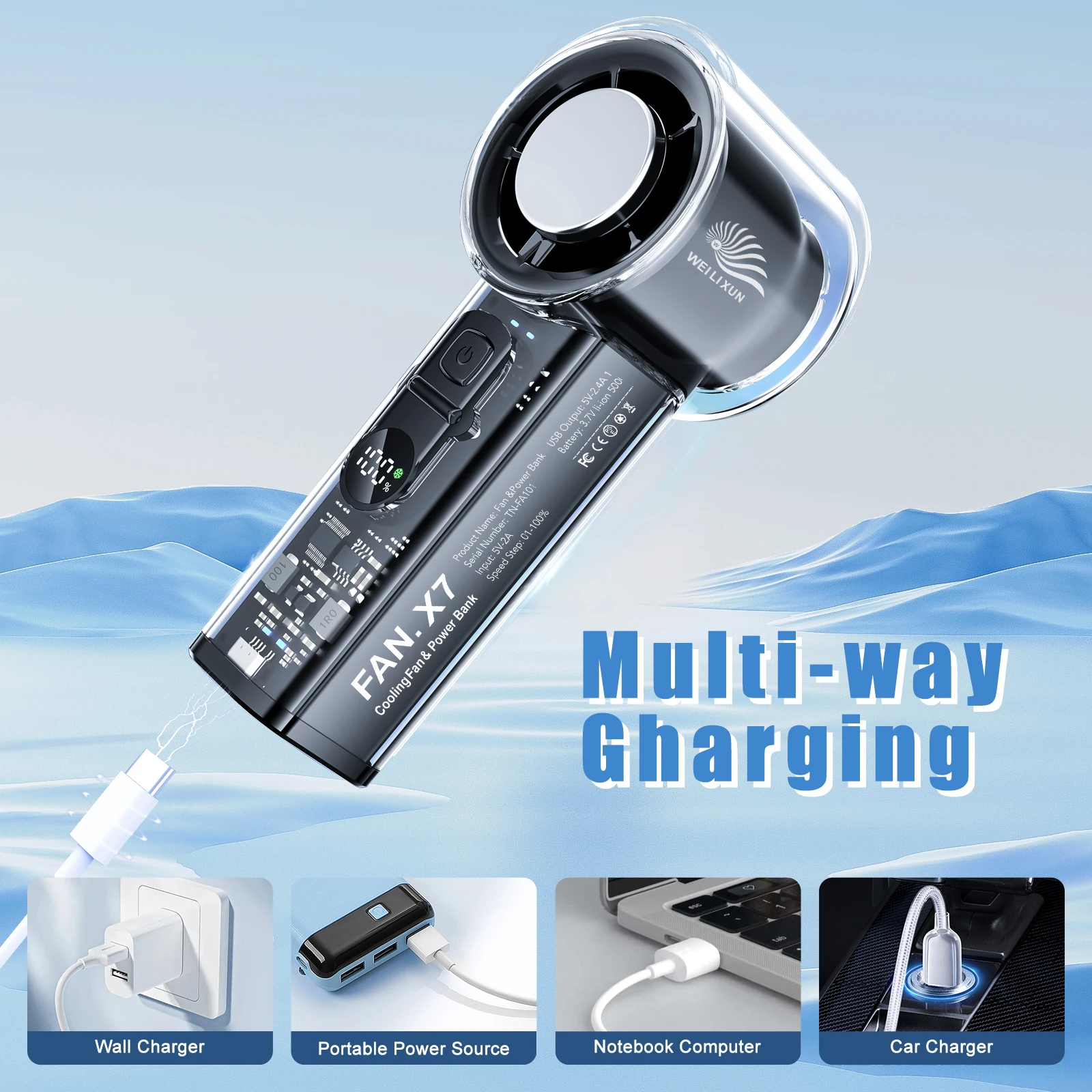 السفر في الهواء الطلق أشباه الموصلات ضغط الجليد عالية السرعة التبريد مروحة صغيرة 5000mHA USBRecharge المحمولة 100 سرعات الرياح شاشة LED