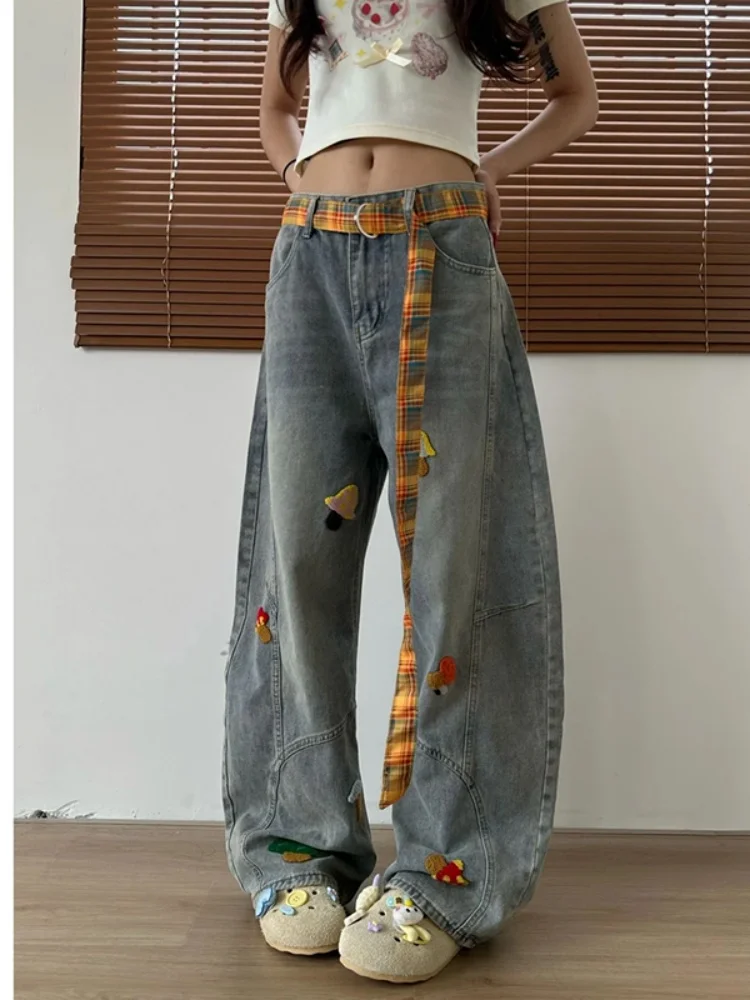 

Джинсы женские больших размеров в американском ретро-стиле с вышивкой, осенние, свободные, широкие штанины, с высокой талией, повседневные, из денима