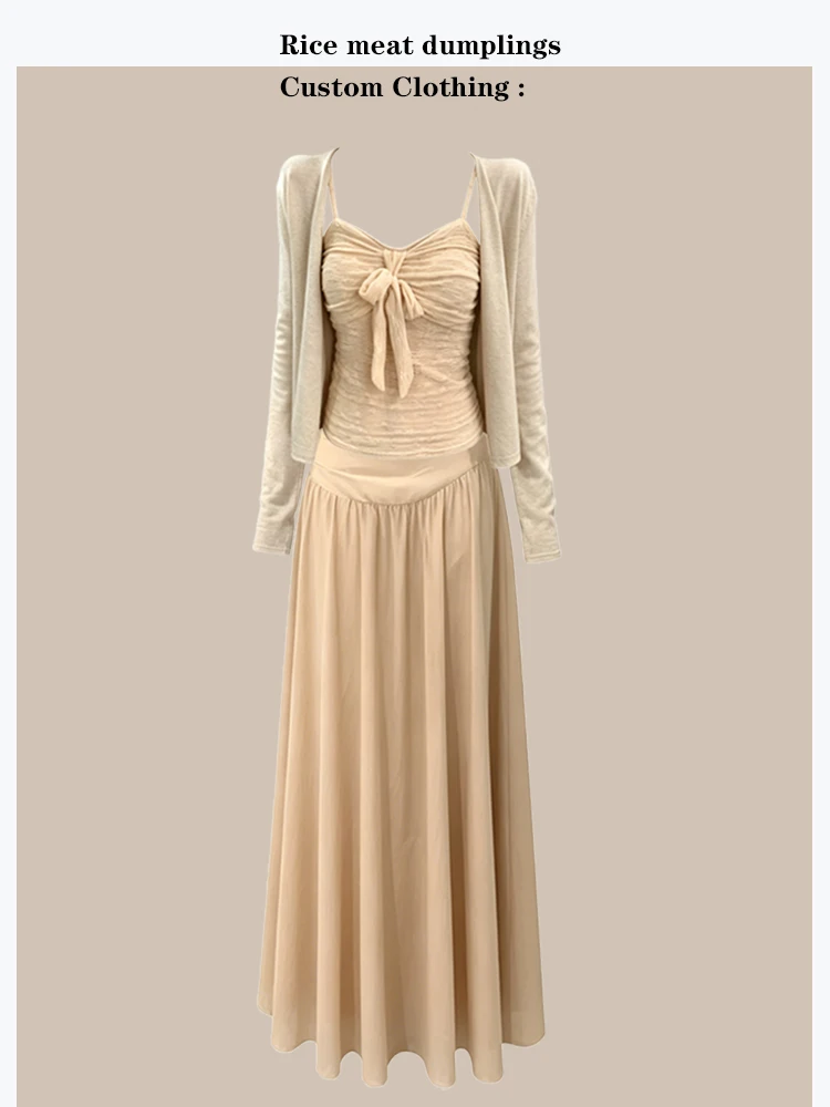 

Elegant Summer Outfit Set Knot Long Sleeve Top High Waist Skirt Cardigan Translucent Slip on Dressing for Women