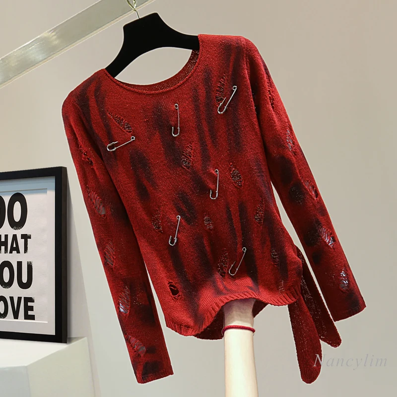 

Irregular Straps Round Neck Long Sleeves Outer Wear Red Sweater Women 2024 Autumn Spray-dyed Old Ripped Pin Knitted Pullovers