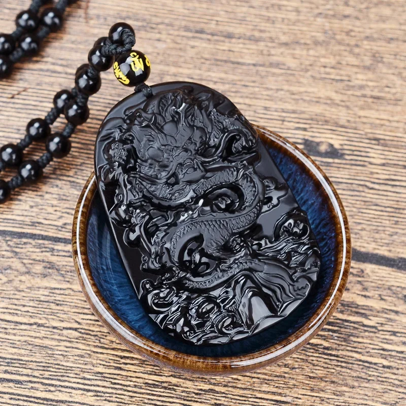 Obsidian Zodiac Simulation Dragon Carved Pendant Necklace Men\\\\\'s Lucky Trend Amulet Jewelry Gift Accessories