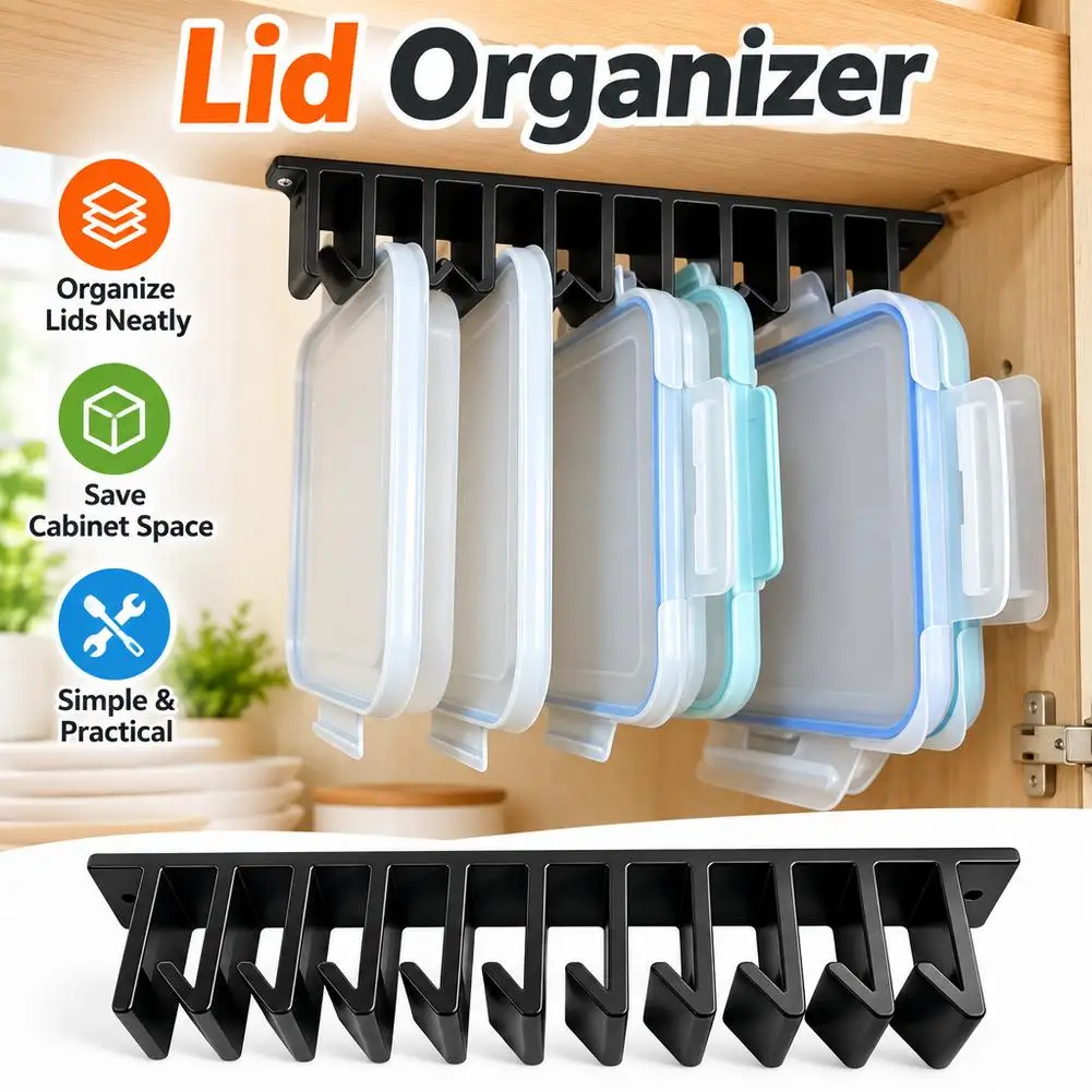 Kitchen Lid Organizer Storage Rack 5/10-Slot Hanging Organizer in Cabinet Space‑Saving Storage Rack Screw Mount White Black
