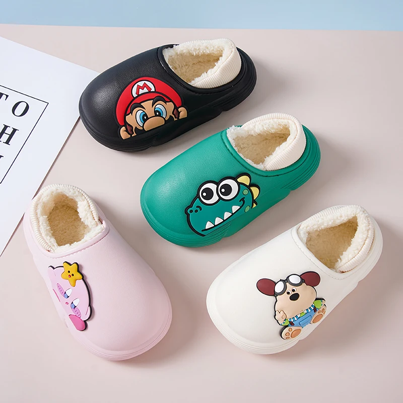 Winter Cotton Shoes for Kids Warm Home Plush Clogs Slippers Children Casual Slip Ons EVA Garden Shoes for Boys Girls