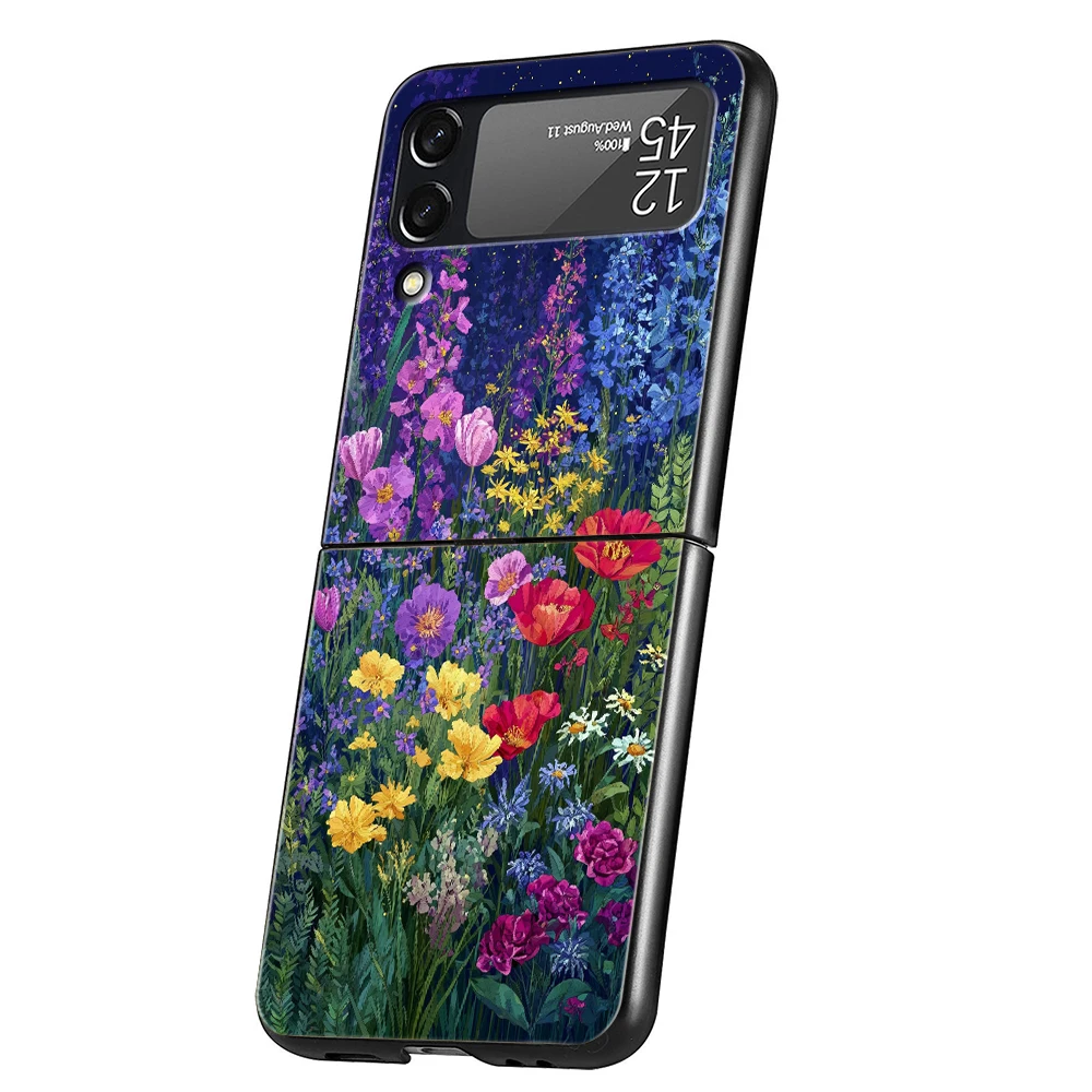Hard PC Phone Case For Samsung Galaxy Z Flip 8 7 6 5 4 Black Cover For Galaxy Z Flip 3 Foldable Capas Floral Scenery Present Bag