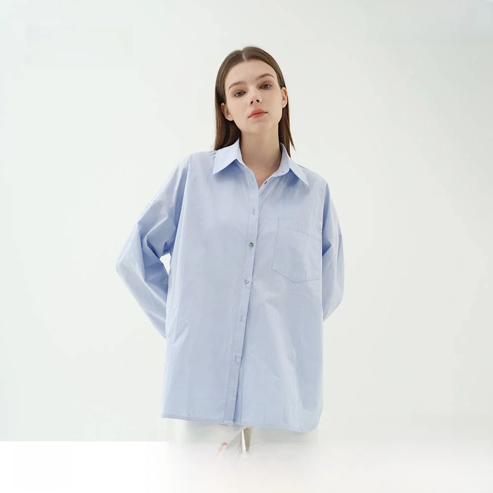 

ZYTA Blue Casual Cotton irt Women's Spring 2025 Long Sve Side S Button Split mat Pure Cotton Loose Fit Top