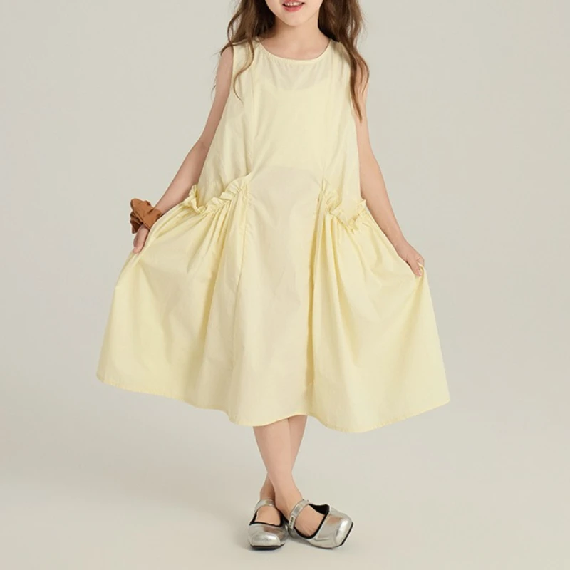 

New Summer Girls Sweet Solid Sleeveless Dress Ruffle Lace Trim Pockets Vestido Casual Loose Breathable Soft