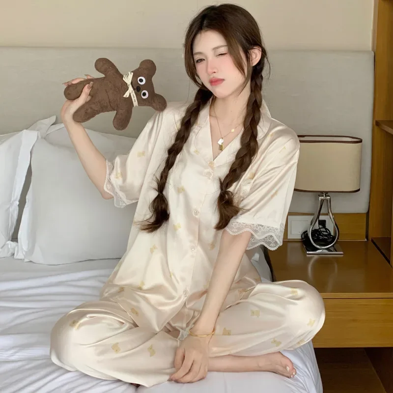 Cute Bear Ice Silk Pajamas for Women Summer New Style High-end Cartoon Short-sleeved Trousers Home Clothes Women's Pajamas Set