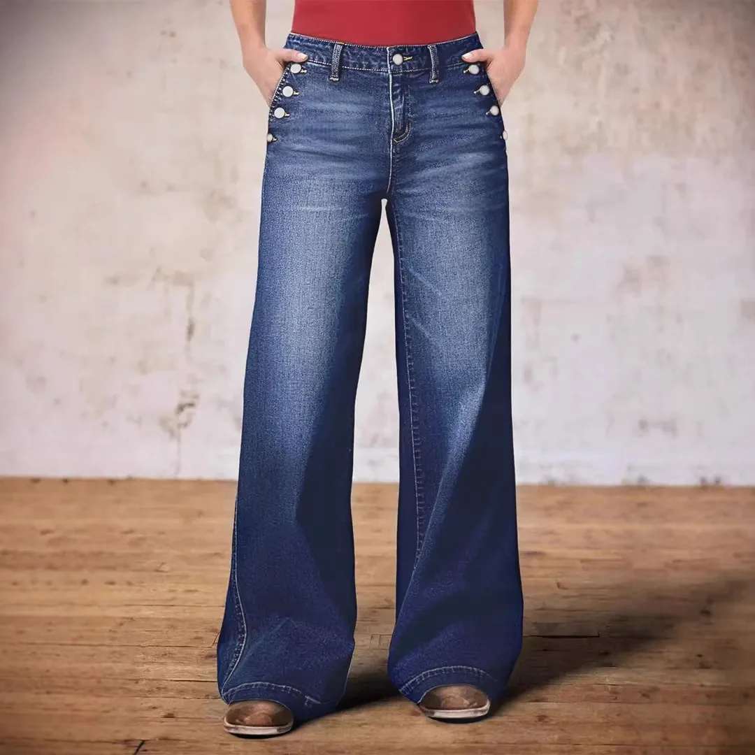 High Waist Bell Bottom Jeans Women's Retro American Style Side Button High Rise Slimming Long Pants All Seasons Versatile
