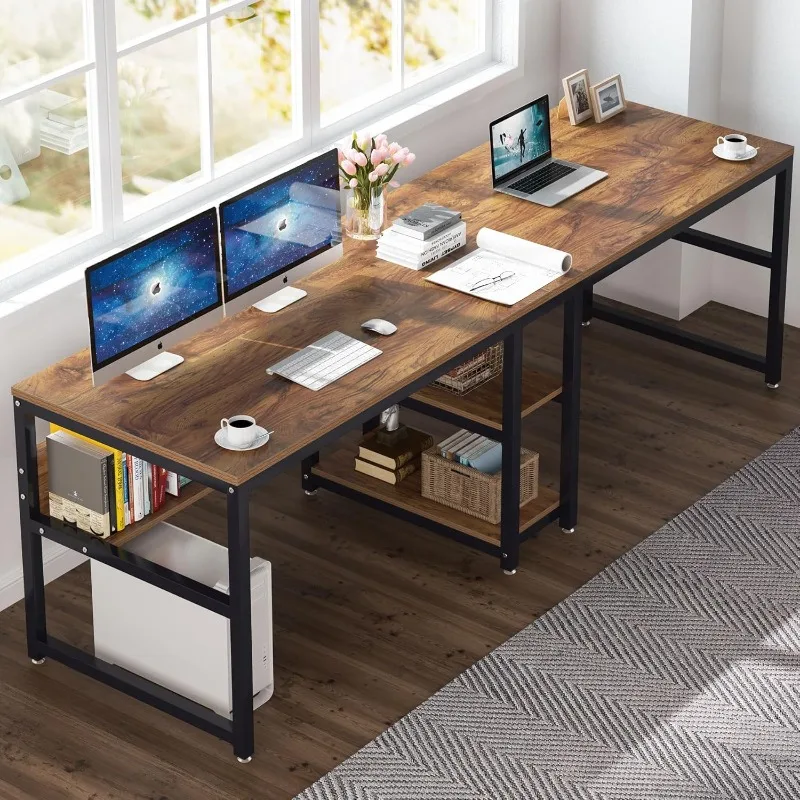 Two Person Desk with Bookshelf, 78.7 Computer Office Double Desk for Two Person, Rustic Writing Desk Workstation