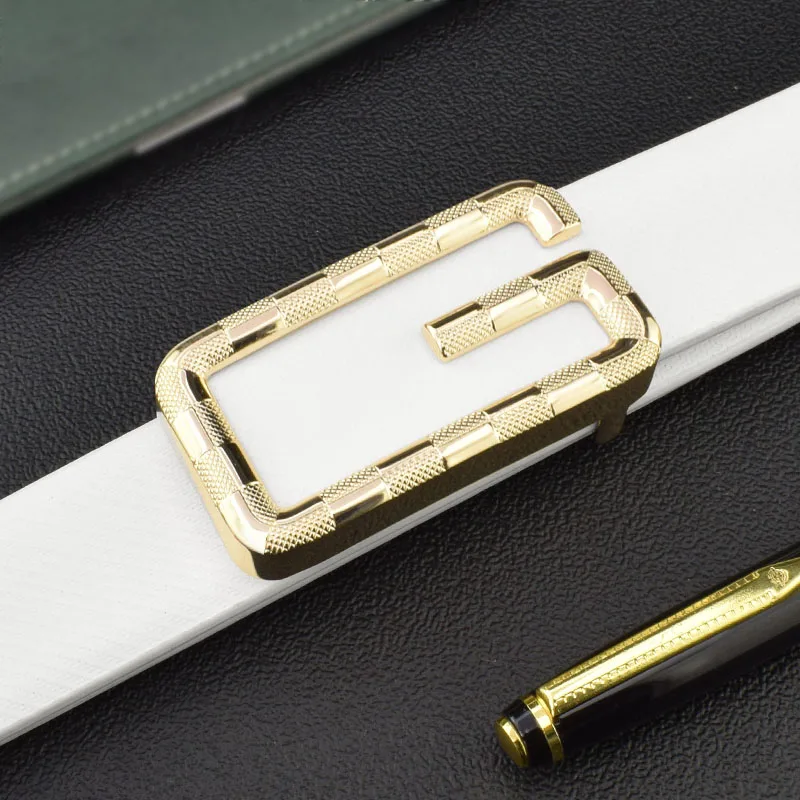Young Men Belt Trend Men\'s White G Letter Belt Genuine Leather Smooth Buckle Casual Versatile High Quality Belt Ceinture Homme