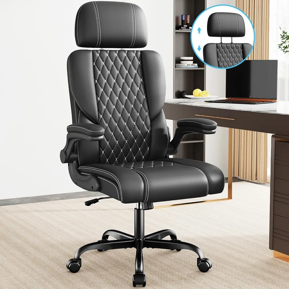 

Executive Leather Office Chair, Comfy Desk Chair with Adjustable Headrest & Flip-up Padded Arms & Lumbar Support, Adjustable Hi