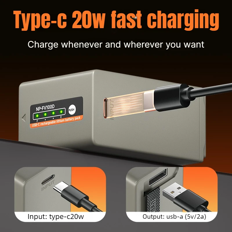 NP-FV100 Camera Battery Type-C Charging Compatible for Sony FV70 FV50 Camcorders HDR-CX700E 220E 450 680 390 PJ50E 260E VG10