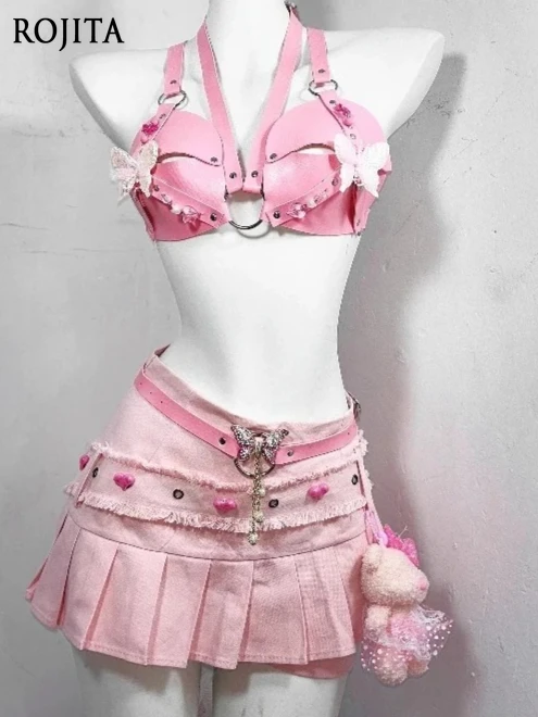 

Sexy Pink Leather Lace-up Bra Top Summer New Fringed Splicing Pleated Denim Mini Skirt Cool Girl Party Women's Y2k Skirt Suits