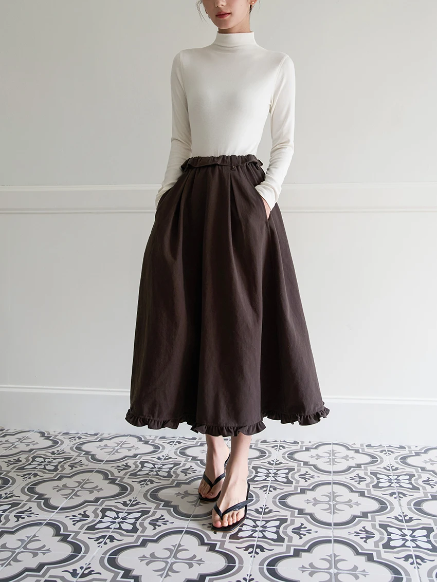 

Retro Floral Print f Skirt with Wood ain High Waist A-Line Autumn Winter Women's Skirt Casual Cotton Fabric