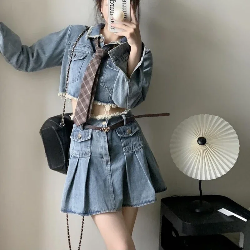 Autumn Y2K Denim Two Pieces Set Long Sleeve Short Jacket and High Waist Mini Pleated Skirts Suit with Ties Belts Women\'s Outfits